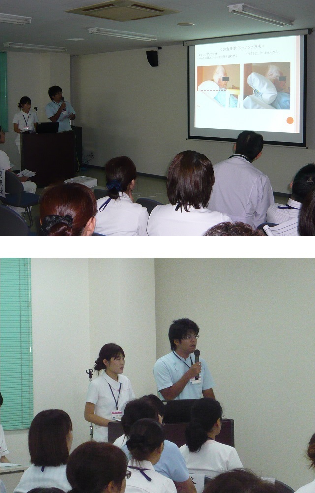 介護施設のスタッフ研修。プロジェクターでの講演会や勉強会の様子。